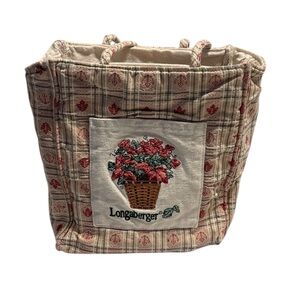 Longaberger Plaid Tote with Floral Embroidery - Cream and Red 8x8x4 Cottagecore
